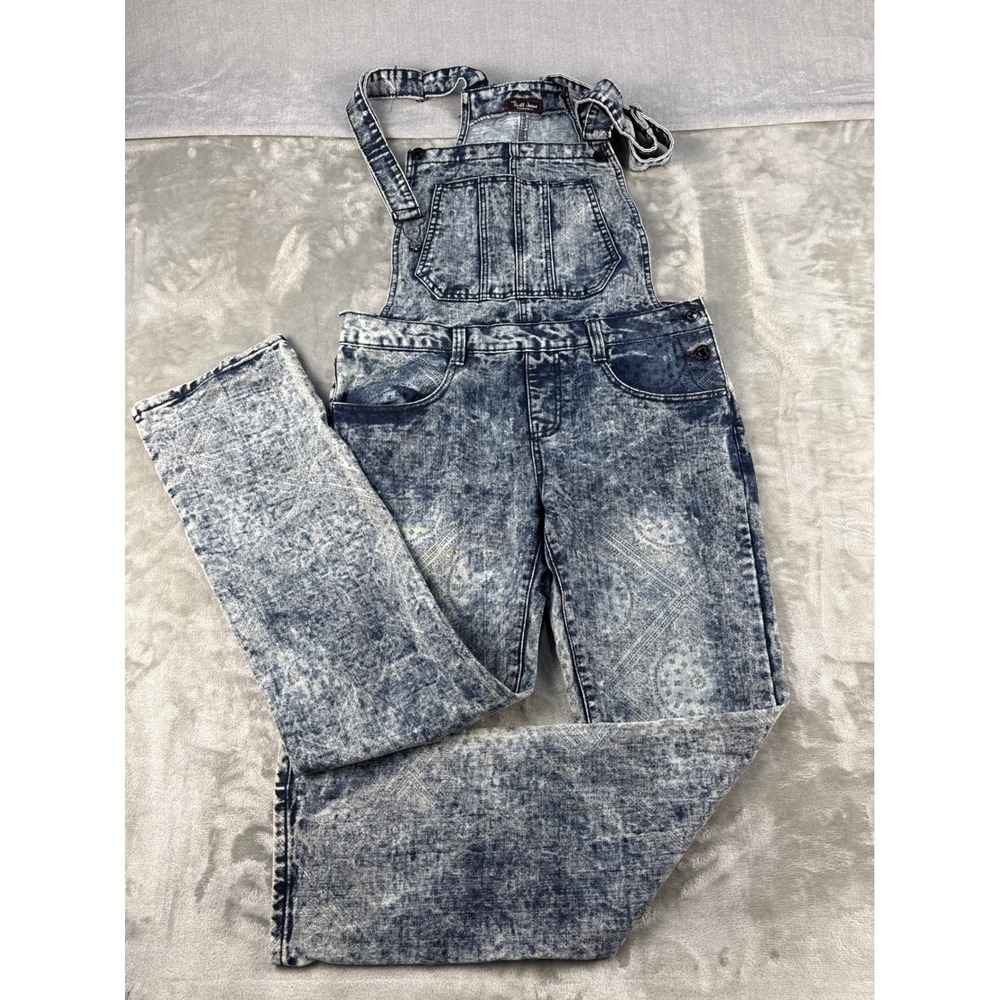 Thrill Jeans Acid Wash Paisley Bandana Print Denim Overalls Mens 36 Blue New